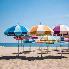 Sticker - A row of colorful beach umbrellas on the shore. 