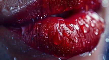 Wall Mural - Close-up of beautiful female lips with red lipstick and water droplets.