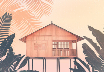 Illustration of Malaysia wooden house, village house with palm tree, rumah kampung