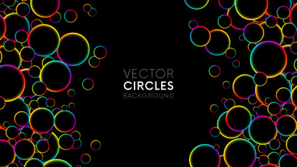 Fluorescent circle particles dynamic flow. Luminous floating balls shine with rainbow colors on black background. Colorful rainbow random flying glowing circles, spheres or bubbles. Vector background