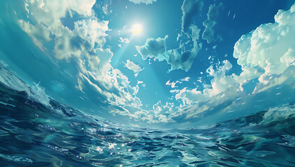 Poster - underwater sea with sun and clouds in the style of hy