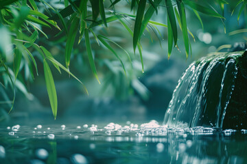 Poster - Small waterfall in a pond. A slide background for showcasing wellness and meditation. Background image. Created with Generative AI technology.