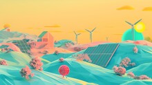 Surreal Pastel Landscape With Eco-friendly Energy Sources. Renewable Power Concept In Stylized Artistic Rendering. AI
