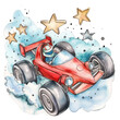 © Jordan - A cute, adorable, amazing watercolor red race car with stars, isolated on transparent background. Baby room frame, nursery room frame, kids birthday, clipart, wall art.