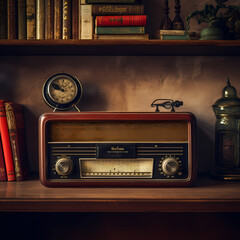 Sticker - Vintage radio on a dusty bookshelf.