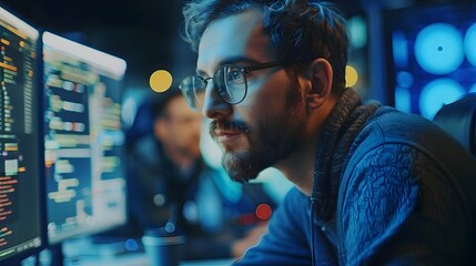 Young Man in Soft Indigo and Amber Light Working on Computer