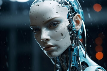 Wall Mural - A fictitious image of woman in cyberpunk attire futuristic high tech generative AI