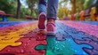 The feet of a man in pink sneakers walking on a wet surface in a puzzle-like pattern