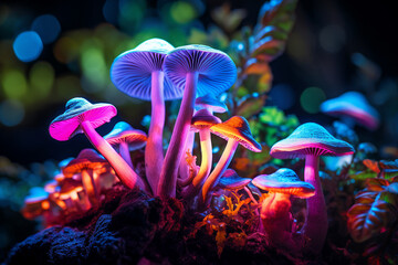 Wall Mural - colorful generative ai collage of bright glossy mushrooms in night magical woods