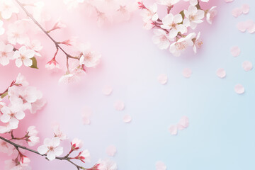 Wall Mural - Cherry blossom branches over soft pink and blue gradient background