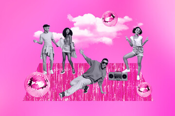 Sticker - Artwork collage of black white effect carefree people break dance have fun show v-sign boombox disco ball clouds isolated on pink background