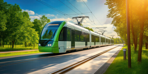 Wall Mural - Modern City Commute: Fast-paced Urban Transportation by Electric Tram on a Summer Day