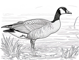 detailed sketch of a serene goose by the water's edge, detailed coloring page