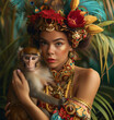 Carnival of women with a little monkey surrounded by green palm trees
