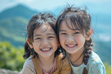 heartwarming scene of pure joy, two young girls smile brightly as they embrace each other in a loving hug, their happiness radiating