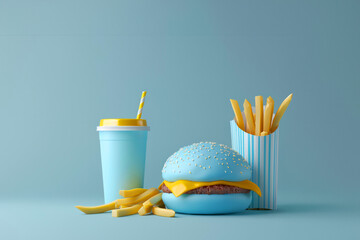 3d illustration of a blue hamburger menu with fries and mustard and softdrink on a gray background. Fantastic fast food. Banner copy space. Blue concept fast food menu.