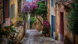 Fototapeta Uliczki - In the heart of Bormes les Mimosas, the narrow cobblestone streets wind through the old town, flanked by ancient stone buildings adorned with colorful shutters