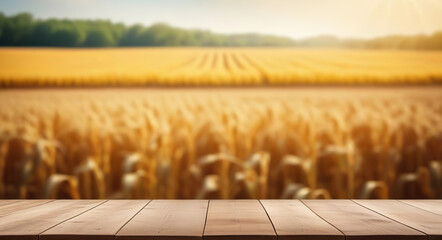 Wall Mural - Empty wooden table, counter desk with blurred agricultural field background. Copy space for your promo, text or logo brand. Wood plank board, natural farming view. Blank tabletop, blur growing wheat