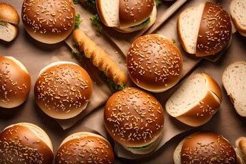 Wall Mural - Top view of a hamburger bread bun, isolated on white transparent background. png. Craft burger