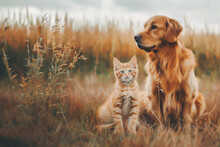 Cat And Dog Sitting On Grass, In Yellow Brown Tones