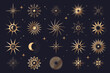 Set of sun, moon and star icons. Vector sky elements with starburst and radial explosion, flash and shiny spark, firework and burst. Sign or insignia collection. Magic abstract effect. Light of night