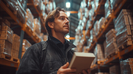 Worker holding digital tablet walking around retail warehouse.