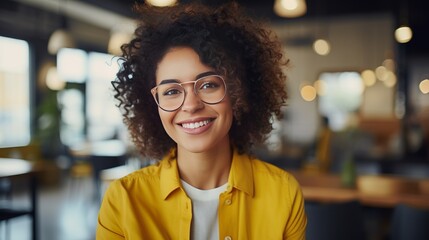 Wall Mural - Close Up Portrait of a Young Latina with Short Dark Hair and Glasses Posing for Camera in Creative Office. Beautiful Diverse Multiethnic Hispanic Female Wearing Yellow Jumper is Happy and Smiling