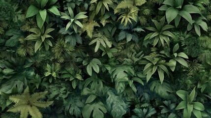 Wall Mural - A lush, seamless pattern of tropical vegetation in various shades of green, against a backdrop that fades from deep emerald to almost black. 