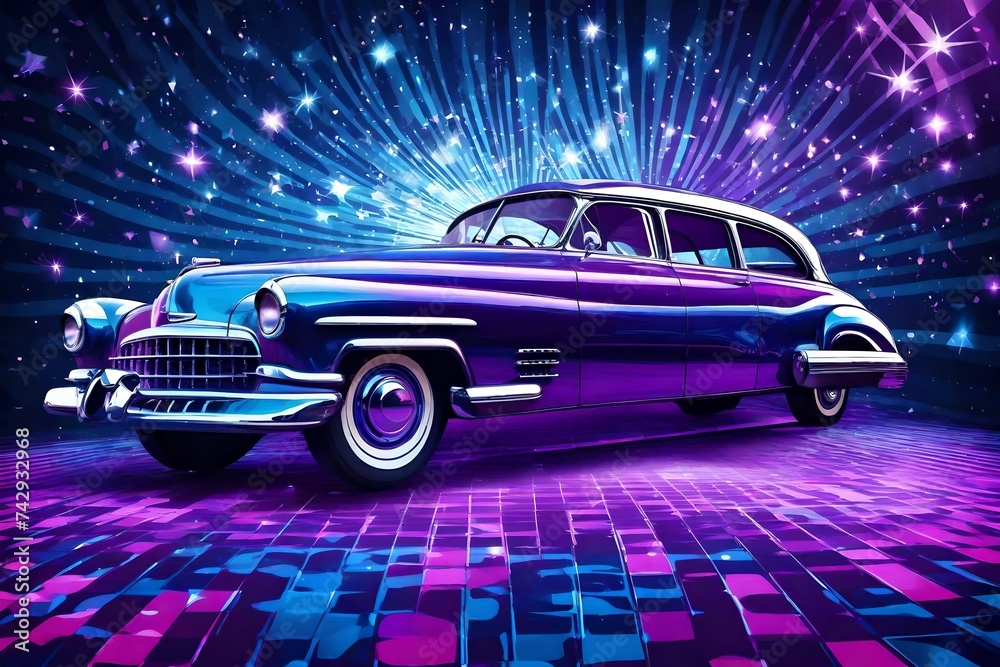 disco background with vintage car in shiny blue and purple car, auto ...