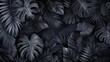 A stylized arrangement of tropical leaves in varying shades of black and gray, 