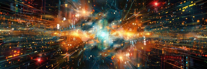 Wall Mural - Energy explosion in futuristic data stream tunnel. Background for technological processes, science, presentations, etc