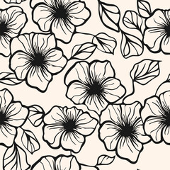 Wall Mural - Simple monochrome vector floral seamless pattern. Elegant minimal black and white texture with outline flower silhouettes and leaves. Stylish ornamental botanical background. Repeated natural design