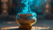 Incense pot with blue smoke rising up from it on a table