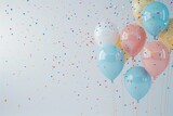 Fototapeta Panele - colorful balloons and confetti for a holiday , wallpaper background , blank wall for text