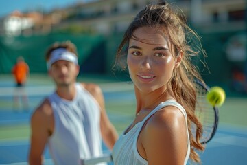 Amidst the vibrant summer scenery, a skilled female athlete stands poised on the tennis court, her determined expression mirroring the power and grace of her swinging racket