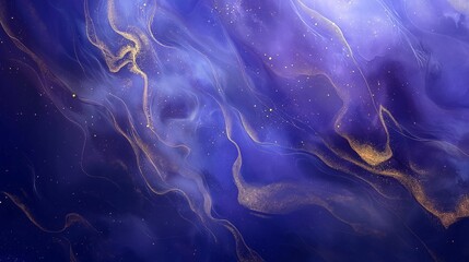 Wall Mural - An abstract cosmic scene featuring swirling nebulae in shades of deep blue and purple, with veins of gold metallic foil running through them, mimicking a marbled texture. Stars dot the background