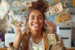 A stylish woman exudes confidence and happiness as she throws money in the air, her face radiating a bright smile while standing against a text-adorned wall, showcasing her fashionable clothing and a