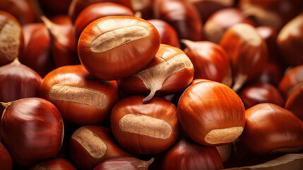 Wall Mural - Close up of chestnuts. Pile of ripe chestnuts.