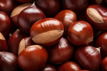 Wall Mural - Close up of chestnuts. Pile of ripe chestnuts.