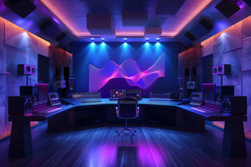 Professional recording studio equipment in a blue virtual environment which includes meta data machine learning, computer, stock illustration image