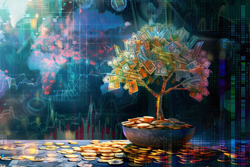 Wall Mural - A detailed image of a flourishing money tree with leaves made of various currency notes rooted in a pot of golden coins against a backdrop of financial charts Created Using vibrant colors