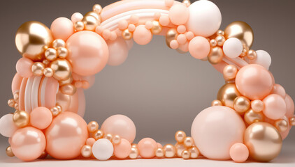 Wall Mural - Generative AI, arch of peach fuzz color balloons. Birthday party, wedding or shower 3d background. Mockup, template for greetings or invitations.	
