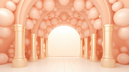 Wall Mural - Generative AI, arch of peach fuzz color balloons. Birthday party, wedding or shower 3d background. Mockup, template for greetings or invitations.	
