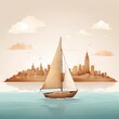 Artwork of a sailing boat in front of a city