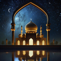 the month of Ramadan with the background of a mosque, a dark sky full of stars and lights