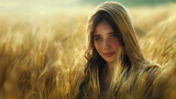 Fototapeta Sport - Portrait of a young woman in a wheat field, evoking the biblical character Ruth.