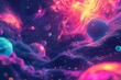 Psychedelic space background, featuring abstract shapes and patterns that evoke distant galaxies and cosmic phenomena. 8k