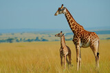 Fototapeta Zwierzęta - A giraffe with her cub, mother love and care in wildlife scene