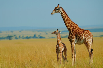 Wall Mural - a giraffe with her cub, mother love and care in wildlife scene