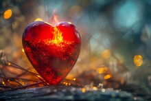 A Fiery Red Heart, Set Against A Blurred Backdrop Of A Misty, Enchanted Forest. The Mystical Lighting Casts An Ethereal Glow On The Heart And Its Surroundings